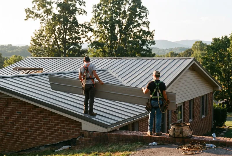 PHOTO ยท crew checking a panel at the eave, ridge line behind (sample photo)